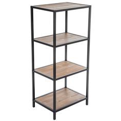 three tiered shelving unit with natural wood top and metal frame, black finish