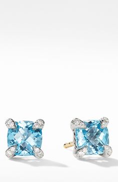 Earring, 6mm. Post back. Sterling silver/blue topaz. Pavé diamonds, 0.06 total carat weight. Imported. Style Name:David Yurman Chatelaine Stud Earrings With Blue Topaz & Diamonds. Style Number: 5965875. Available in stores. Formal Blue Topaz Diamond Earrings Fine Jewelry, Formal Blue Topaz Diamond Earrings, Elegant Blue Diamond Earrings With Pave Setting, Luxury Blue Diamond Earrings With Accents, Classic Blue Topaz Earrings With Diamond Accents, Blue Pave Set Earrings For Formal Occasions, Formal Blue Topaz Earrings With Diamond Accents, Formal Blue Pave Set Earrings, Luxury Diamond Earrings With Cushion Cut And Accents