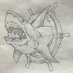 a drawing of a shark with a steering wheel on it's back and mouth open