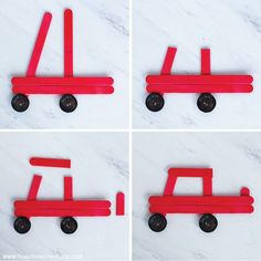 four different pictures of a toy truck made out of popsicle sticks and plastic wheels