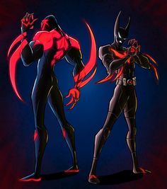 two superheros standing next to each other in front of a red and blue background