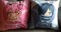 two pillows that have anime characters on them