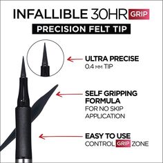 Up to 30HR wear. Easy Application. Waterproof, smudge-resistant. Define and line your eyes with vibrant color that lasts. L’Oreal Paris’s Infallible Grip liquid eyeliner glides effortlessly across lids to deliver a smudge-proof, sharp line that lasts up to 30 hours. With five shades to choose from you can find a color with hyper-pigmented intensity for any classic or bold look. Apply along upper & lower lash lines from inner to outer corner to frame and define your eyes. Loreal Paris Infallible, Lower Lashes, Felt Tip, Waterproof Eyeliner, L Oreal, Liquid Eyeliner, Loreal Paris, Your Eyes, Eyeliner