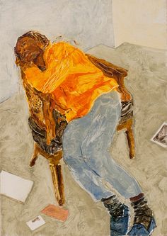 a painting of a man sitting in a chair with his head on the table and papers scattered around him