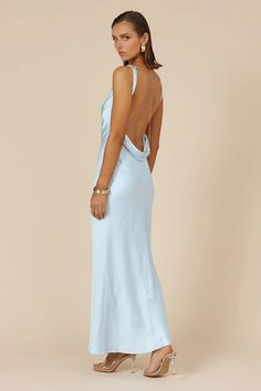 SAMSARA DRESS - LIGHT BLUE – us.runawaythelabel.com Formal Light Blue Dress, Wedding Guest Dress Light Blue, Wedding Guest Dress Open Back, Baby Blue Dresses Formal, Baby Blue Dress Formal, Baby Blue Formal Dress, Baby Blue Prom Dress, Blue Ball Dresses, Light Blue Formal Dress