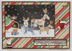 a christmas card with santa's sleigh, reindeers and other holiday items