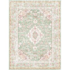 a green rug with an ornate design on the top and bottom, in pastel colors