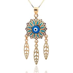 Style meets spirituality with our Hand-Painted Evil Eye Dreamcatcher Pendant. Meticulously crafted as a wearable piece of art, this pendant brings together the mystical charm of the Evil Eye and the dream-catching allure of a traditional dreamcatcher. Product Specifications:  * Material: 14k Solid Gold, hallmarked 14K or 585 for authenticity * Length: 37mm / 1.45in * Height: 17mm / 0.67in Dainty Link Chain          * Chain Length: adjustable loop to 16, 17, or 18 inches          * Chain Wide: 0. Hand Painted Spiritual Jewelry For Festivals, Spiritual Hand Painted Jewelry For Festivals, Bohemian Gold Necklace With Hand Painted Details, Bohemian Gold Necklace Hand Painted, Bohemian Hand Painted Gold Necklaces, Bohemian Gold Hand Painted Necklace, Bohemian Evil Eye Necklaces For Good Luck, Evil Eye Dream Catcher, Eye Dream Catcher