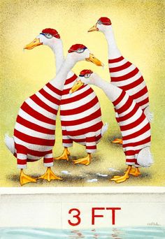 three geese wearing red and white striped outfits