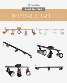 various types of track lighting in different styles and colors, with the title underneath it