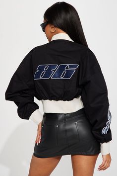 Available In Black. Cropped Jacket Bomber Zipper Closure Multi Badges Verbiage Ribbed Cuffs and Waistband Disclaimer : Embroidery Placement Will Vary Shell: 100% Cotton Lining:100% Polyester Imported | Turbo Drive Jacket in Black size XS by Fashion Nova Crop Jacket, Fashion Nova, Black Fashion, Bomber Jacket, Zipper, Jackets & Coats, Black