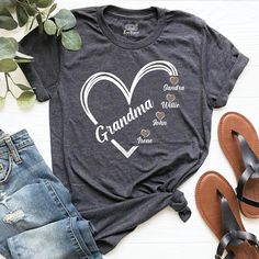 "Custom Grandma shirt, Grandma Leopard Heart Shirt, Grandma Personalized Shirt, Grandkids Name Shirt, Gift For Grandma, Child Name Nana shirt. HI! Welcome to my store, I'm delighted to see you here. My store's main goal is to provide you with premium everyday apparel with the best graphic t-shirts. I see you as a friend, not just a customer. I'm sure you'll love my designs. So, here is a brief description for you to-see-the order-process: 1. Please, Check and Review all Photos. 2. Select Your T- Casual Tops With Heart Shape And Name Print, Casual Heart-shaped Top With Name Print, Nana Shirts, Grandma Shirt, New Grandma, Personalized Grandma, Grandma Shirts, Gift For Grandma, Heart Shirt