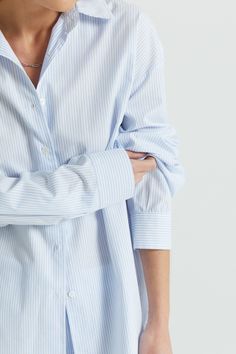 Slightly more oversized than our other cotton button up shirts. It's a lightweight airy cotton oversized shirt. A relaxed fit with pointed collar details and cool curved hemline. Collar Details, Contemporary Wardrobe, Seoul Korea, Oversized Shirt, Blue Stripes, Cotton Shirt, Jumpsuit Dress, Favorite Outfit, Button Up Shirts