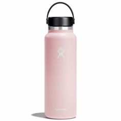 the hydro flask water bottle is pink with black lid and handle, while it's in front of a white background