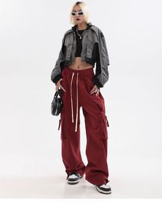 Features: Discover the perfect combination of style and comfort with our American Retro Red Hip Hop Cargo Pants. Featuring a loose fit, high waist, and wide leg design, these pants are both trendy and practical. Ideal for any fashion-forward woman looking to elevate their streetwear game. Red Baggy Casual Cargo Pants, Red High Waisted Baggy Cargo Pants, High Waist Baggy Red Cargo Pants, Casual Red Full-length Cargo Pants, Red High-waist Baggy Cargo Pants, Hip Hop Cargo Pants, Red And Black Outfits, Plaid Pullover, Tom Boy