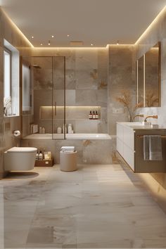 a modern bathroom with marble walls and flooring