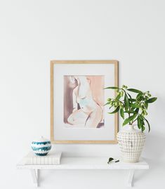 a white shelf topped with a potted plant next to a painting