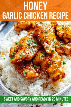 the recipe for honey garlic chicken is shown on top of rice