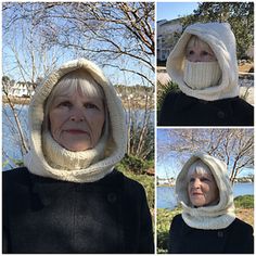 four pictures of an older woman wearing a hood over her face and looking at the camera