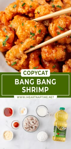 the recipe for copycat bang bang shrimp is shown with chopsticks and sauce