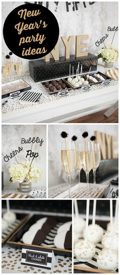 a collage of photos with champagne and desserts on the table in black and white