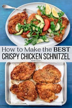 the best crispy chicken schnitzel recipe on a plate with salad and dressing