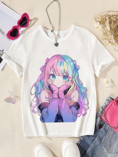 Teen Girl Summer Casual T-Shirt With Anime Character Print White Casual  Short Sleeve Knitted Fabric Cartoon,Figure  Medium Stretch  Teen Girls Clothing, size features are:Bust: ,Length: ,Sleeve Length: Cute Anime Print Summer T-shirt, Cheap Kawaii T-shirt For Summer, Summer Kawaii T-shirt With Anime Print, Anime Print Short Sleeve T-shirt For Spring, Pink Anime Print Short Sleeve T-shirt, Teen Top, Teen Girl Outfits, Casual Girl, Girl Top