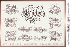 the bride and groom calligraphy font set is shown in brown, with white lettering