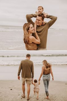 a man, woman and child walking on the beach with their arms around each other