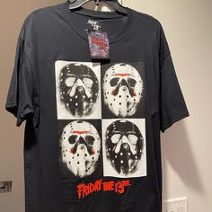 Friday The 13th Jason Voorhees Graphic T Shirt 21.5 Pit To Pit 30 Length Black With Gorgeous Graphic Print Large Mens Official Film Merchandise Same Day Shipping Black Pre-shrunk Shirt For Fan Conventions, Black T-shirt For Halloween Fan Conventions, Black Cotton Shirt For Fan Conventions, Black Shirt With Graphic Print For Fan Conventions, Black Graphic Print Shirt For Fan Conventions, Black Pop Culture Shirt For Fan Conventions, Black Band Merch Tops For Fan Gear, Friday The 13th Shirt, Friday The 13th Jason