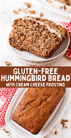 gluten - free hummingbird bread with cream cheese frosting on two plates