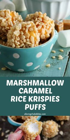 marshmallow caramel rice krispies puffs in a blue bowl