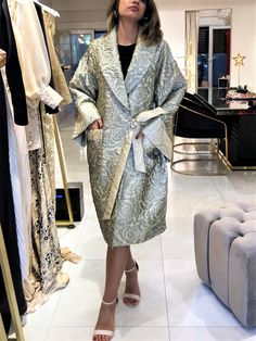 This unique gorgeous OOAK long jacket is made with the best quality italian brocade fabric and superior craftsmanship. Brocade fabric has rich colors of green and beige tones. BRAND NEW / READY TO SHIP Perfect for spring, autumn or not so cold winter days. The unique floral print and design is not only extremely beautiful, but also very fashionable.  It is an outfit that can be preferred by women who want to feel stylish and modern. By wearing it with your favorite dresses or nice pants, you can Winter Brocade Outerwear With Long Sleeves, Long Sleeve Brocade Outerwear For Winter, Long Sleeve Brocade Outerwear For Fall, Fall Brocade Long Sleeve Outerwear, Fall Long Sleeve Brocade Outerwear, Fall Party Brocade Outerwear, Long Sleeve Jacquard Outerwear For Parties, Jacquard Long Sleeve Outerwear For Party, Jacquard Long Sleeve Party Outerwear