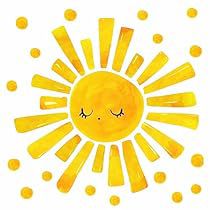 a drawing of a yellow sun with its eyes closed and it is surrounded by small dots