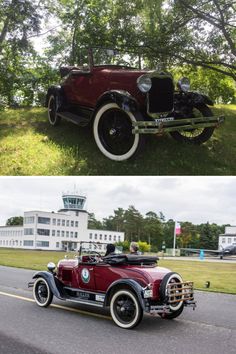 an old car is parked on the side of the road