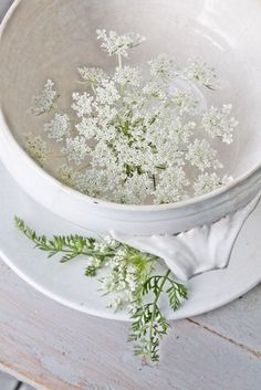 a white bowl with flowers in it sitting on a table