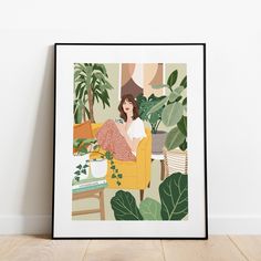 a woman sitting on a yellow chair in front of a plant filled wall with potted plants