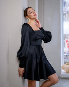 Fabric: High-quality satin Viscose 35%, Polyester 35%, Cotton 20% Nylon 10% Mini length Long sleeve Dress length 85cm/ 33,4in Sleeves length 68cm/ 26,7in Skirt length 45cm/ 17,7in Black A-line Satin Dress, Chic Fitted Satin Dress With Long Sleeves, Long Sleeve Satin Dress For Night Out, Chic Long Sleeve Satin Mini Dress, Long Sleeve Satin Mini Dress For Fall, Long Sleeve Satin Finish Formal Dress, Formal Long Sleeve Dress With Satin Finish, Fitted Long Sleeve Satin Dress, Fitted Satin Long Sleeve Dress For Formal Occasions