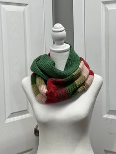 This infinity scarf is doubled layered for a very warm and cozy feel. approx 6inches wide by 52 inches length. Hand crank machine knit.  colors may vary based on computer screen. Knit Infinity Scarf One Size, Green Acrylic Yarn Scarves For Winter, Green Acrylic Yarn Scarf For Winter, Warm Multicolor One-size Scarves, Knitted One Size Infinity Scarf, One Size Knitted Infinity Scarf, One-size Knit Infinity Scarf, One Size Knit Infinity Scarf, Knitted Infinity Scarf For Cold Weather