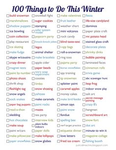 a printable winter checklist with the words 100 things to do this winter