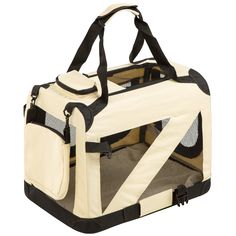 an image of a dog carrier in beige and black color blocking it's side