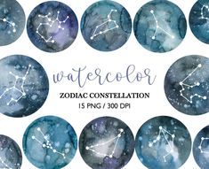 watercolor zodiac constellations on blue and white circles with the names of stars in them