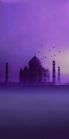 an image of a purple sky with birds flying over the taj mahal mosque in india