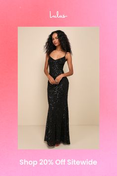 Captivate the crowd with the way you move in the Lulus Mesmerizing Demeanor Black Sequin Backless Mermaid Maxi Dress! Sparkling black sequins create an intricate, wavy design across stretchy mesh knit as it falls from adjustable spaghetti straps into a flattering V-neckline and a fitted bodice. The figure-skimming silhouette continues into a mermaid maxi skirt that features an elegant train at back. The deep V-back creates a sultry final finish! Hidden back zipper/clasp. Fit: This garment fits t Glamorous Fishtail Maxi Dress For Night Out, Fitted Maxi Mermaid Cocktail Dress, Fitted Maxi Length Mermaid Cocktail Dress, Glamorous Fitted Mermaid Cocktail Dress, Fitted Mermaid Maxi Dress For Night Out, Glamorous Fishtail Dress For Night Out, Glamorous Fitted Maxi Dress With Mermaid Hem, Glamorous Fitted Mermaid Dress For Night Out, Fitted Fishtail Maxi Dress With Sequins