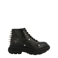 Heel Height: 1.75"; Platform Height: 1.25" | Lace Up Top Closure | Round Toe | Ankle Length; Smooth Finish | Large Studs At The Heel | Spot Clean | Upper: 100% Calfskin Leather; Lower: 100% Rubber | Made In Italy Leather High Ankle Boots With Spikes, High Ankle Leather Boots With Spikes, Spiked High Ankle Leather Boots, Designer Leather Boots With Spikes, Leather Boots With Spikes For Evening, Leather High-top Evening Boots, Leather High-top Boots For Evening, Ankle-high Leather Boots With Spikes, High-top Leather Boots For Evening