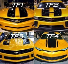 the front and side view of a yellow car with stripes on it's hood