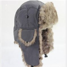 Thick Warm Trapper Fur Bomber Hat with Earflaps-Hats-Innovato Design-Gray-Innovato Design Windproof Winter Hats For Outdoor, Windproof Hats For Outdoor Winter Wear, Winter Wear Windproof Hats For Outdoor, Winter Wear Windproof Hat, Warm Brimmed Beanie For Outdoor, Windproof Winter Hat, Casual Windproof Winter Hat, Winter Beanie With Fleece Lining, Warm Winter Hats For Outdoor