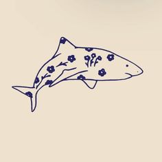 a drawing of a shark with flowers on it's tail and an eyeball in the background