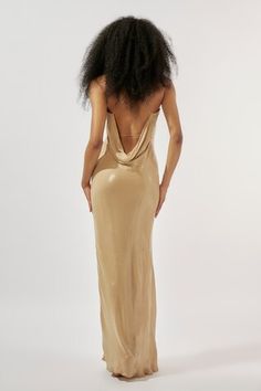 Beige draped gown embellished with shimmer sequin work. - Aza Fashions Shimmer Evening Dress For Wedding, Shimmering Evening Dress For Wedding, Glamorous Draped Gown For Gala, Glamorous Draped Evening Dress For Wedding, Glamorous Satin Gown With Sequins, Sequined Sleeveless Satin Gown, Shimmer Maxi Dress For Wedding, Maxi Length Shimmer Dress For Wedding, Sleeveless Sequin Satin Gown