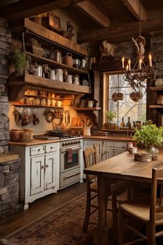 a rustic kitchen with an old fashioned stove top oven